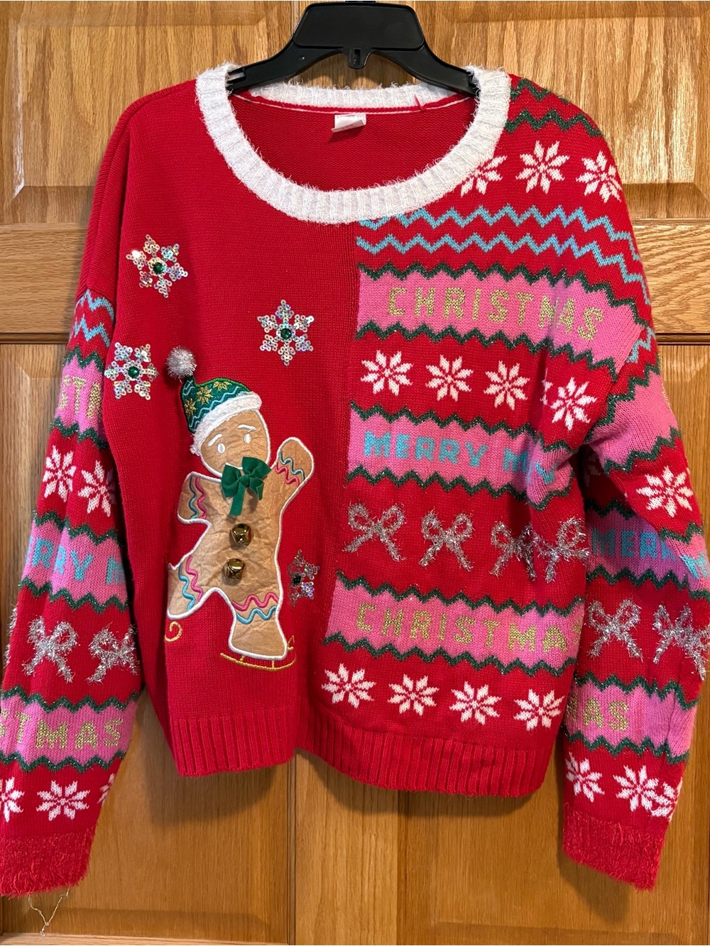 Holiday Time Gingerbread Bells Embellished Pullover Sweater Ugly Christmas Sz XL